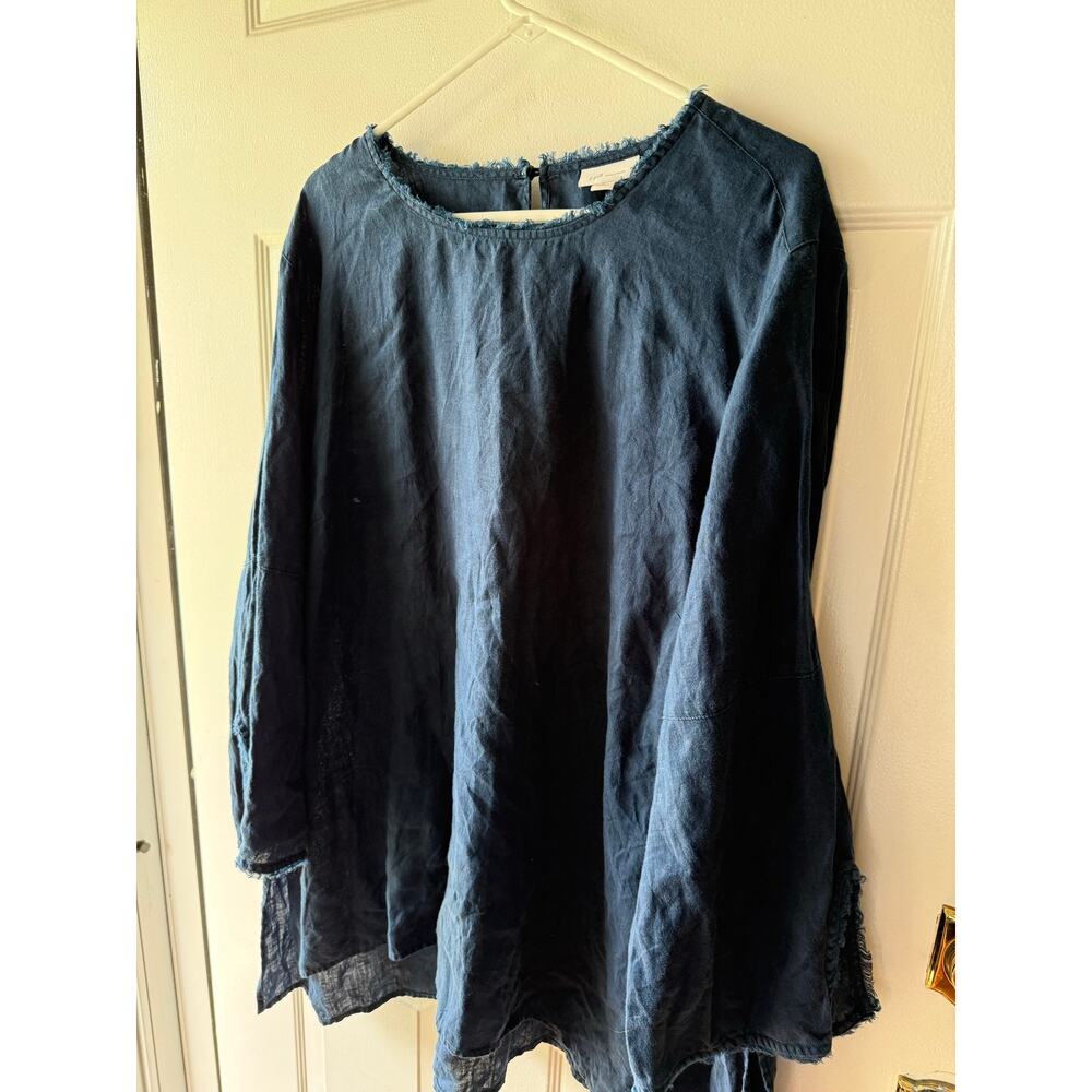 J. Jill Love Linen | Dark Blue Frayed Hem Bohemian Summer Flowy Top Size 3X - Picture 5 of 10